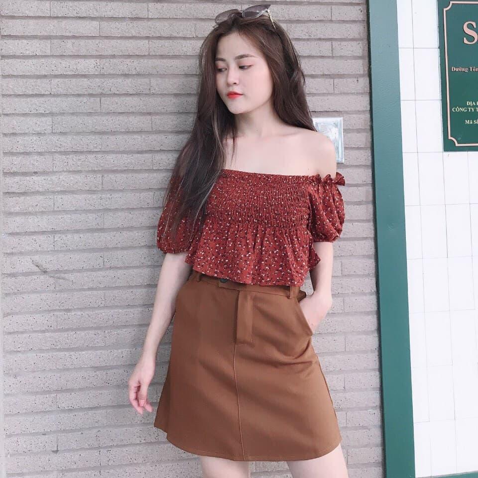 Set bộ áo croptop kèm chân váy nâu thời trang mydungshop93 ms0023