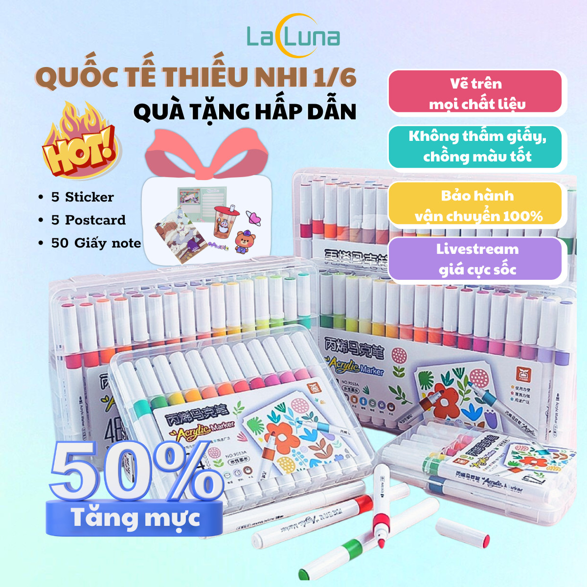 Bút Màu 80 Acrylic marker sơn đánh dấu Lalunavn nhiều mực hơn 50% bộ 12/24/36/48/60m hộp nhựa xách tiện dụng B196
