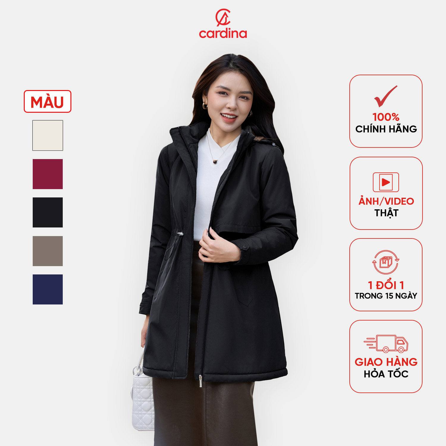  Áo parka nữ CARDINA chất gió tráng poly 50D dáng dài lót lông giữ ấm tốt cản gió chống thấm nước 4PKD01 
