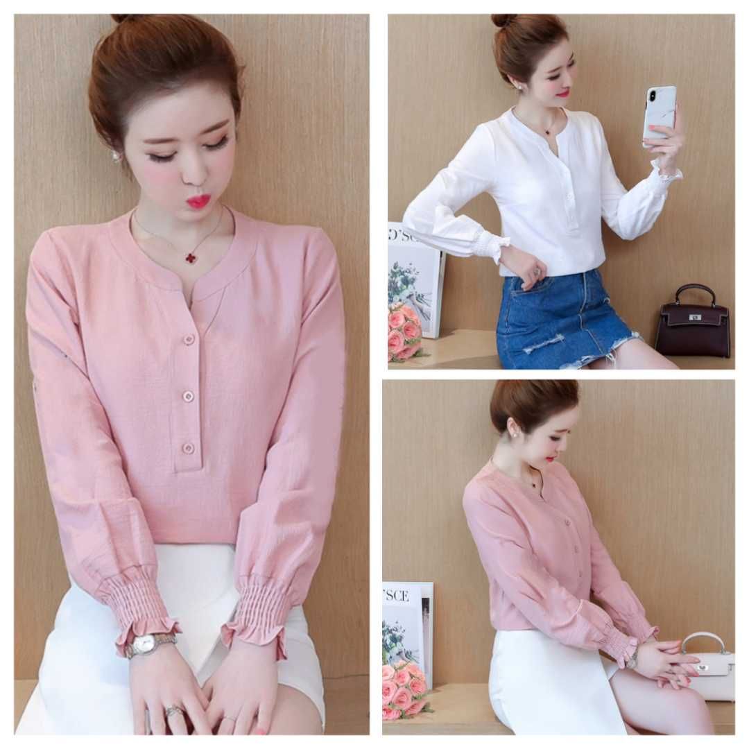 Áo sơ mi công sở nữ cổ v tay dài nhún thun cao cấp