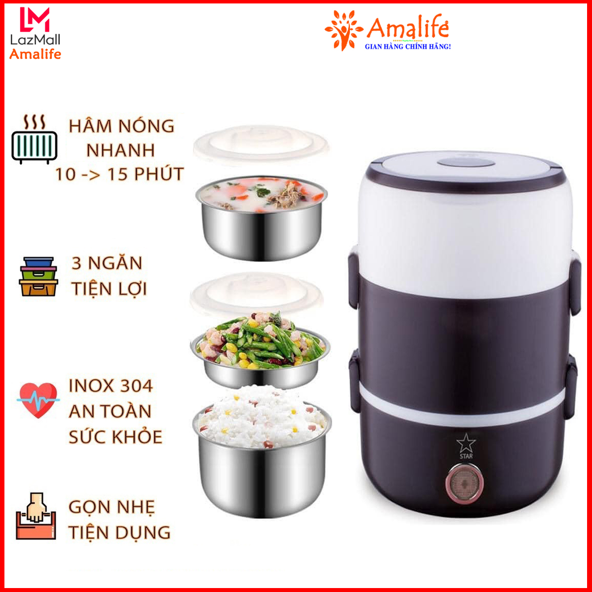 [Hàng Nội Địa] Hộp Cơm Giữ Nhiệt Văn Phòng, Camen Đựng Cơm Cắm Điện Có Lõi Hâm Nóng Thức Ăn, Cặp Lồng Ủ Cơm 3 Tầng Inox Star 3 Tầng Cao Cấp, Nồi Cơm Mini Đa Năng 3 Tầng Tiện Dụng Bảo Hành Chính Hãng Amalife