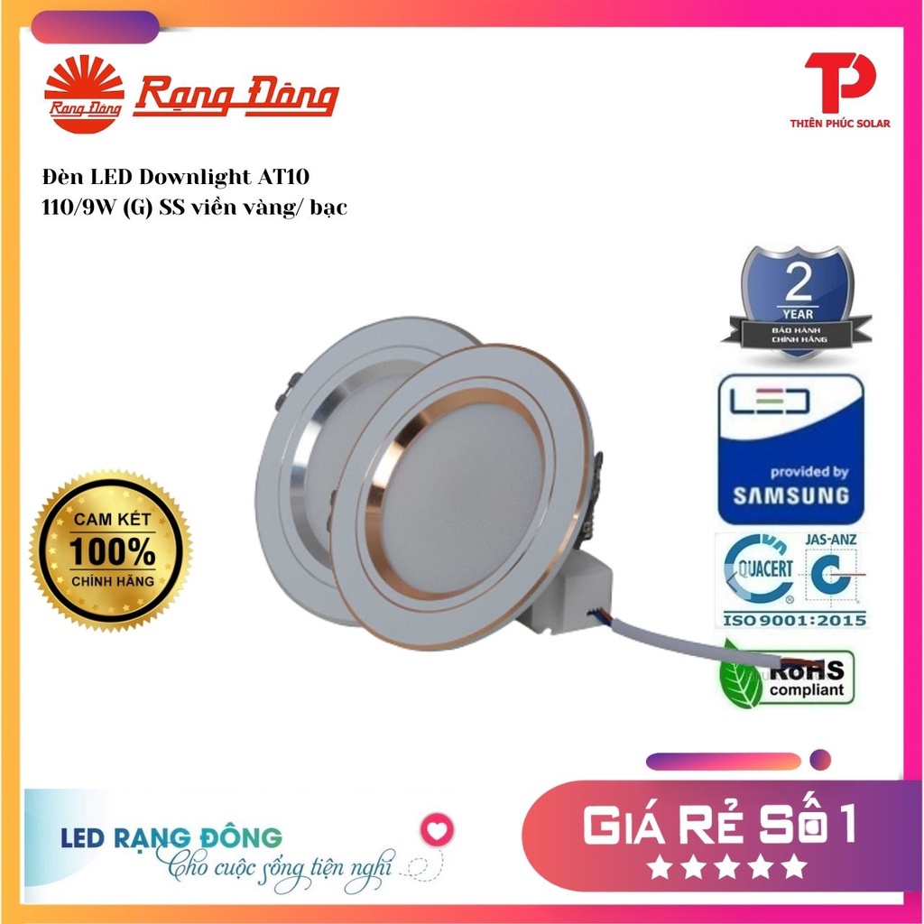 [Chính Hãng] Đèn LED Downlight Rạng Đông âm trần lỗ khoét 110mm Model: AT10 110/9W (G) SS viền vàng/ bạc