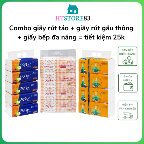Combo giấy rút mylan khăn giấy rút táo, gấu thông, giấy bếp đa năng 3 xách ( tiết kiệm 25 k )