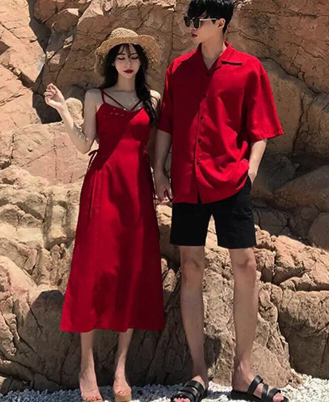 Áo váy đôi dáng dài sơ mi cặp cao cấp Hàn Quốc - Đồ đôi thời trang thiết kế nam nữ chất đẹp màu đỏ - ÁO ĐÔI HQCOUPLE - AV181 (có ảnh thật)