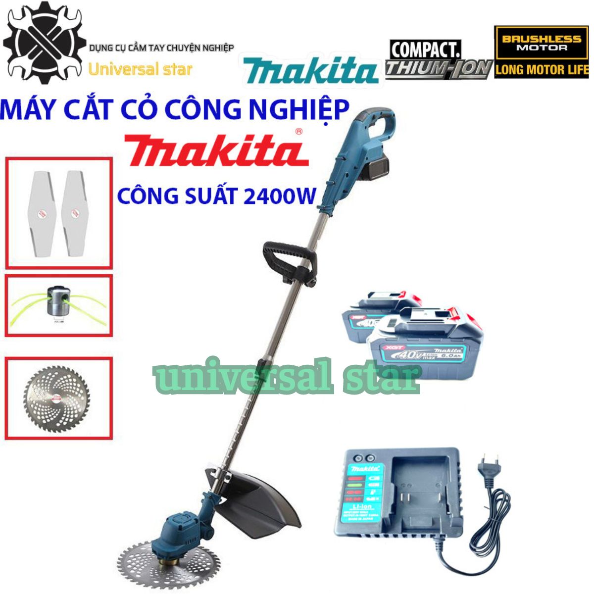 Máy cắt cỏ pin công nghiệp MAKITA 40V - lưỡi 10 inch, công sất 2400W, động cơ Không chổi than, 100% lõi đồng nguyên chất, dùng pin 15 cell siêu khoẻ siêu bền bỉ.