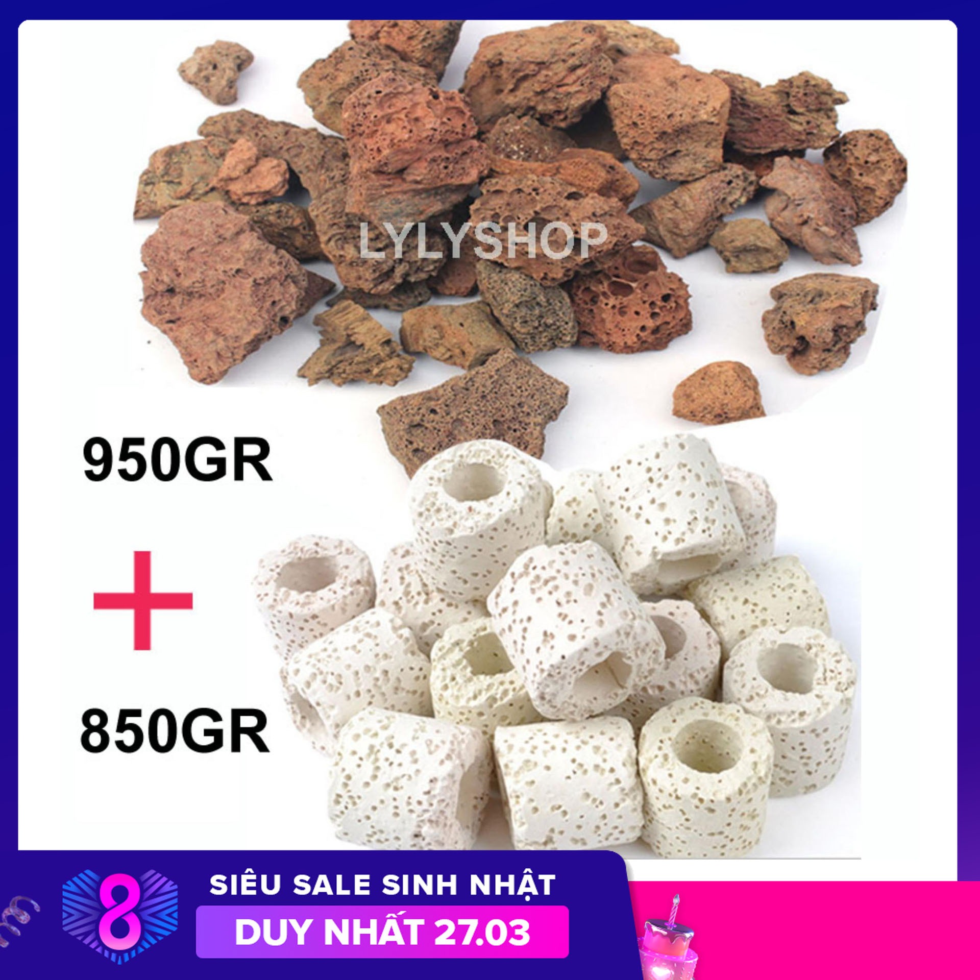 Combo ĐÁ NHAM THẠCH (950GR) + SỨ VIÊN LỌC (850GR) vật liệu lọc, trang trí bể cá