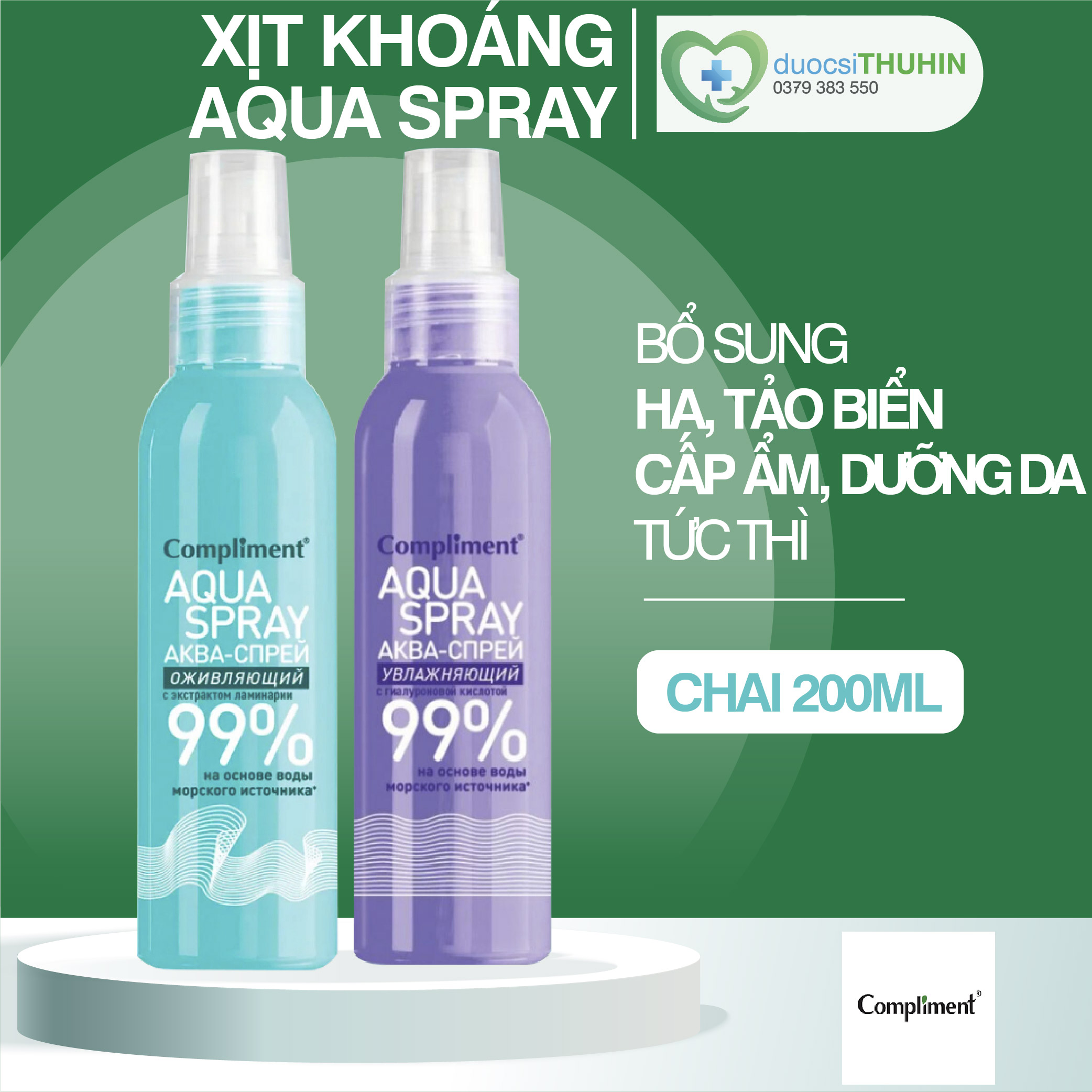 Xịt khoáng compliment aqua spray 99% nga, giúp cấp ẩm, làm mát, dịu da 200ml, xịt khoáng tảo biển, xịt khoáng ha