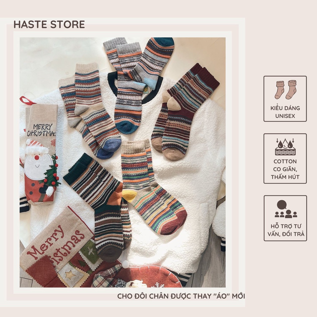 Tất vớ nữ haste cổ cao retro họa tiết thổ cẩm phong cách vintage thời trang thu đông chất cotton ấm áp