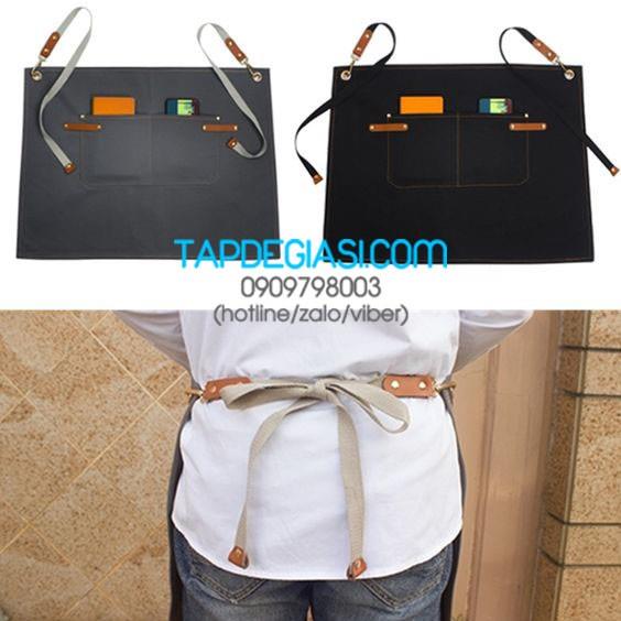 ♝ Tạp dề phục vụ phối da cao cấp tạp dề ngắn mắc cáo chỉ vàng 2 túi 2 da