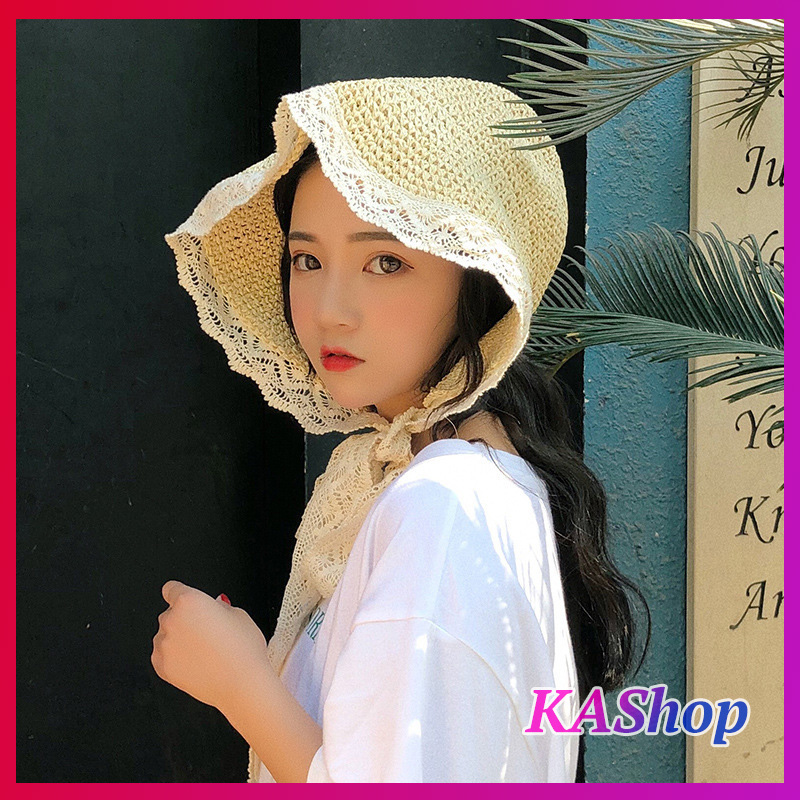 Nón cói thắt nơ sau viền ren dạng bucket - KAShop