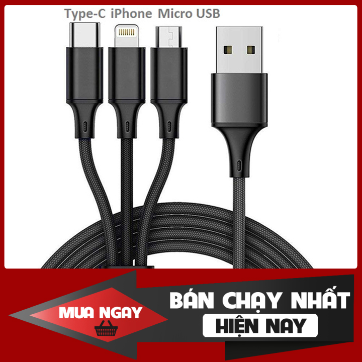 [Giá Hủy Diệt] Cáp Sạc Nhanh 2.4A 3 Đầu Lightning Micro USB Type C, cáp sạc iphone, cáp sạc samsung, sáp sạc oppo, cáp sạc đa năng, cáp sạc nhanh, cáp sạc điện thoại 3 đầu dây dù, cáp sạc 3 trong 1, cáp sạc dây dù lightning