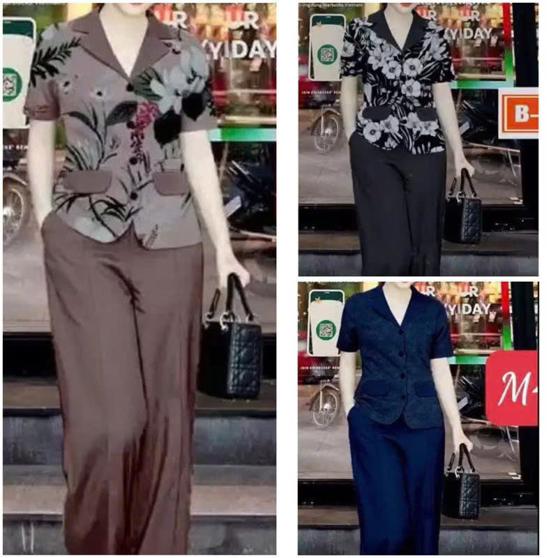 Set Bộ Trung Niên, Đồ Bộ Nữ, Áo Cổ Vest, Quần Dài - MI56