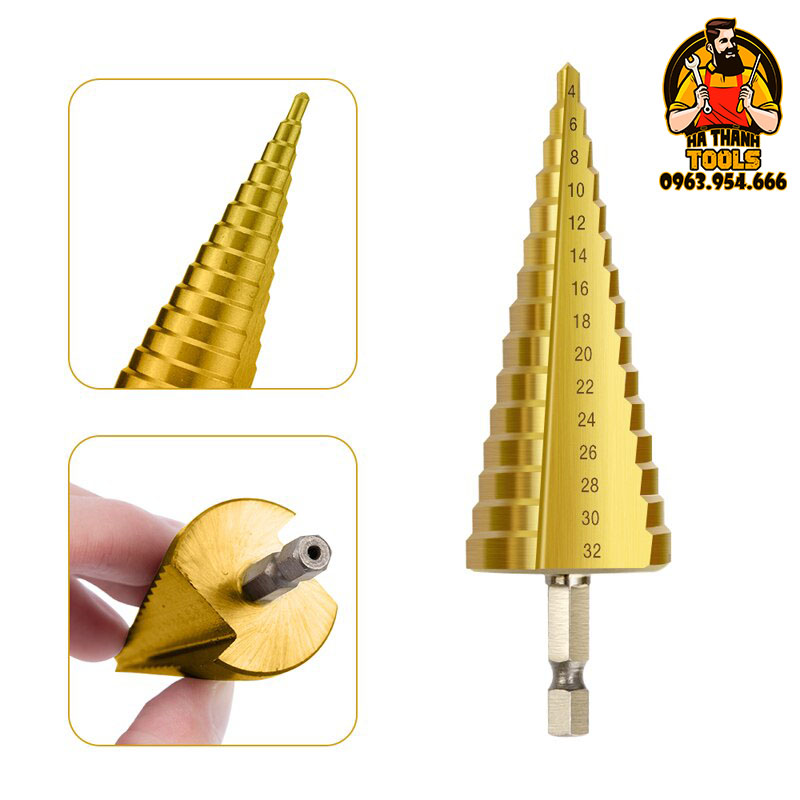 Mũi khoan tháp, bước hss 4241 4-32mm khoan sắt nhôm tôn chuôi lục giác 6.35mm
