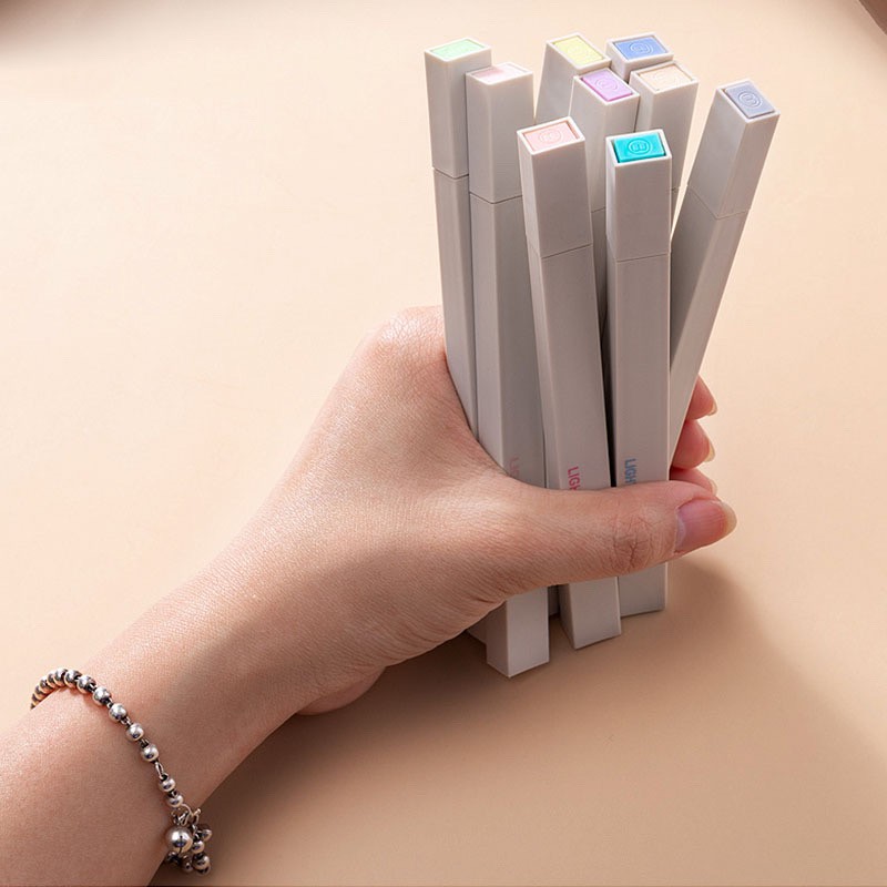 Set 6 Bút Highlight Pastel Vỏ Vuông 2 Đầu - Bộ 6 Bút Dạ Màu Pastel Light Color