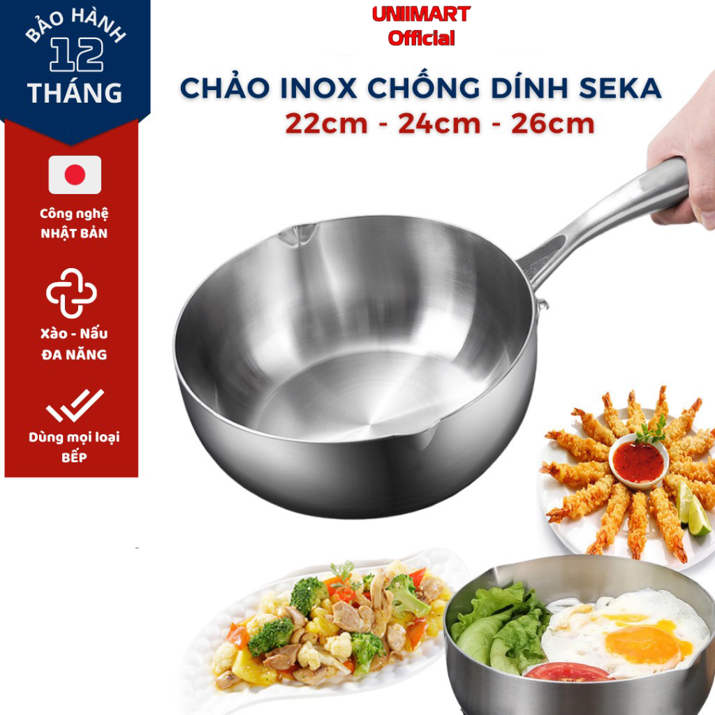 Chảo Inox Sâu Lòng 5 Lớp Đúc Liền Khối Seka Tặng kèm Giá Gác Dầu 3 Size 22cm 24cm 26cm. Bảo Hành tại Uniimart