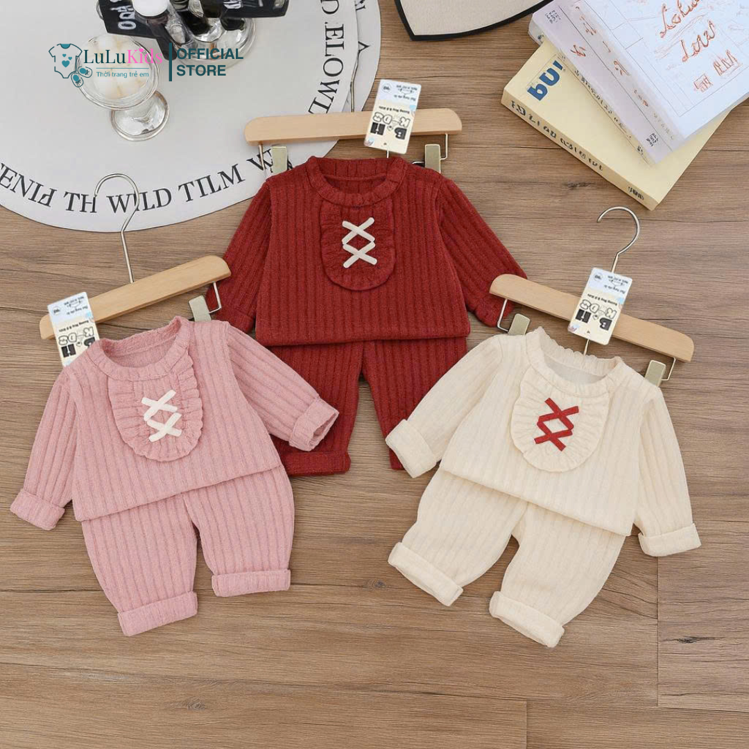 M10 Bộ Dài Tay Thu Đông Bé Gái Quần Áo Trẻ Em Chất Len Tăm Bông Mềm Mịn Ấm Áp Cho Bé 6-16kg