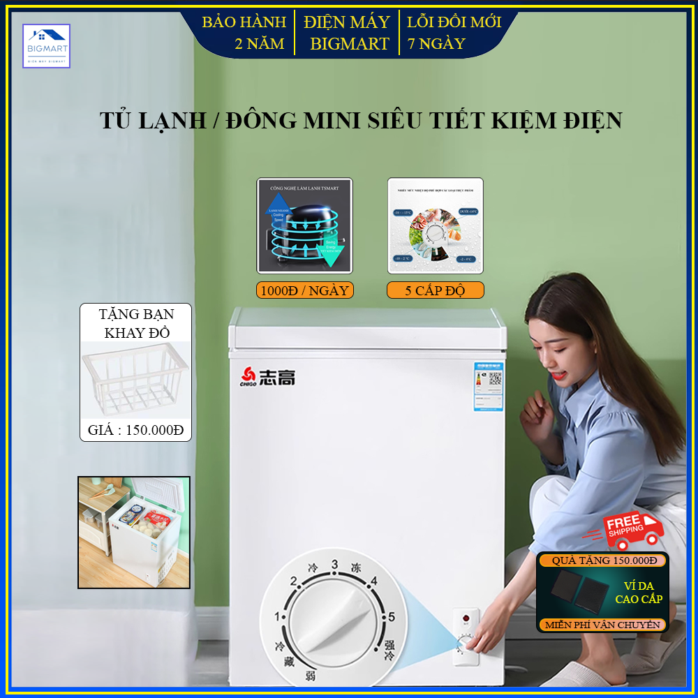 Tủ lạnh tủ đông mini gia đình 5 cấp số tiết kiệm điện, làm đá, trữ thịt cá đông lạnh, trữ sữa thực phẩm đa năng, bảo hành 3 năm