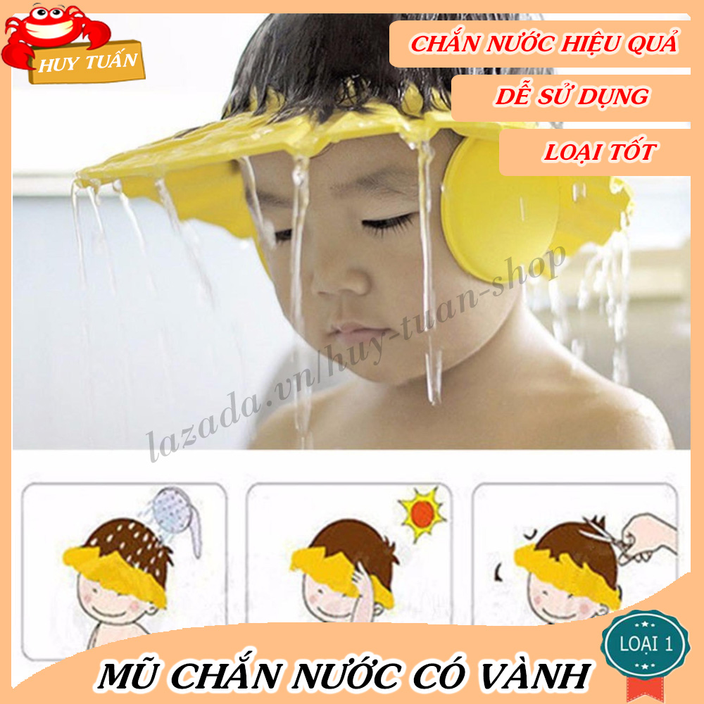 Mũ gội đầu chăn nước có vành tai cho bé Huy Tuấn