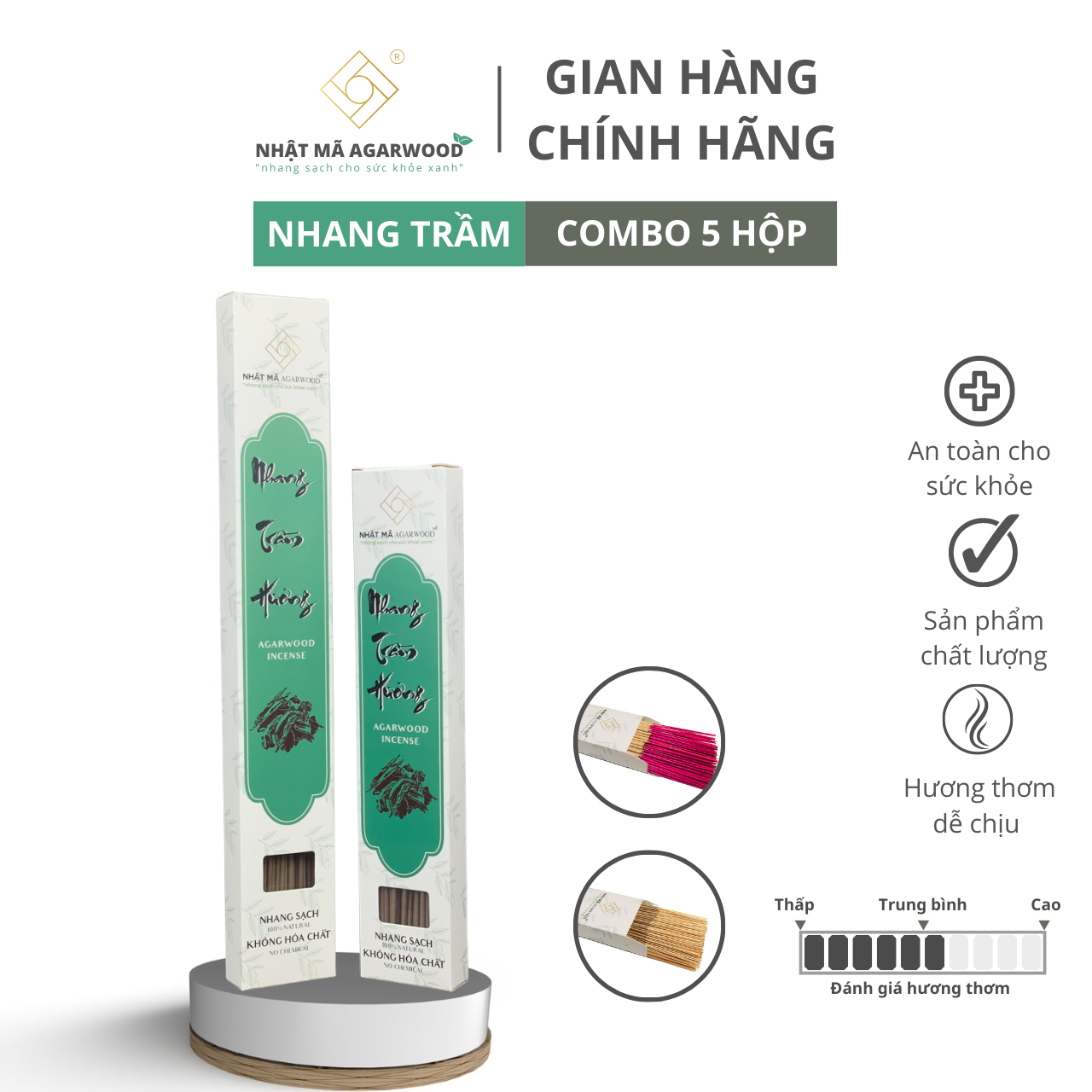 Combo 5 Hộp Nhang Trầm Hương Sạch 30cm | Nhật Mã Agarwood | Hộp 100 cây | An toàn cho sức khỏe
