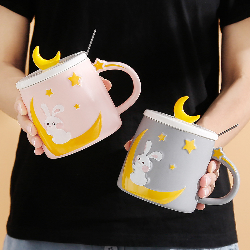 Ly Cốc Sứ Thỏ mặt trăng 401-500ML Xinh Xắn - Ly Có Nắp Và Thìa Inox