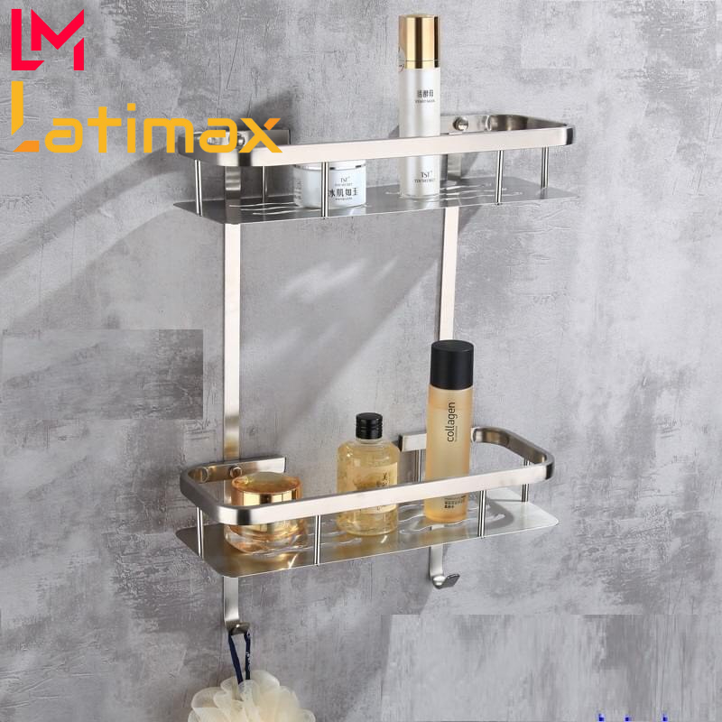 Kệ nhà tắm 2 tầng inox 304 chữ nhật Latimax KPT02 Gắn Tường - Kệ treo đồ chống nước chống gỉ sét (kèm ốc vít)