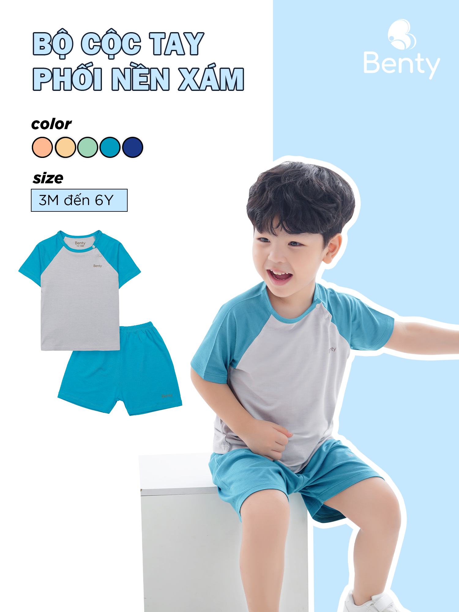 Bộ cộc tay cài chéo phối ghi xám trơn BENTY chất cao cấp mềm mịn quần áo trẻ em an toàn cho làn da