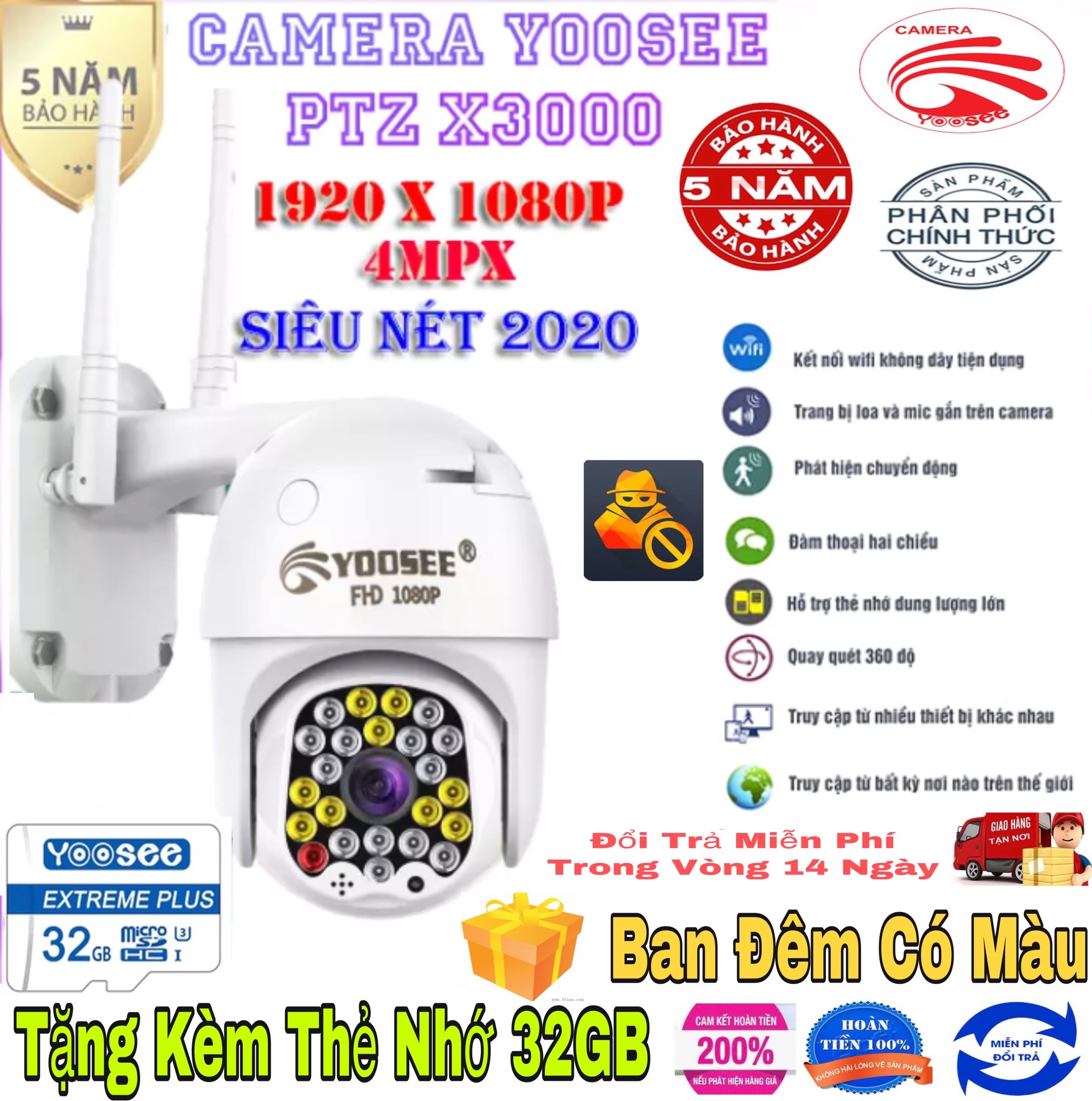 [HCM](KÈM THẺ CHUYÊN DỤNG 32GB) CAMERA IP WIFI YOOSEE PTZ X3000 độ phân giải 4.0 Mpx Xoay 360 độ chống nước chống ngược sáng camera wifi không dây trong nhà ngoài trời siêu nét tích hợp ghi âm ghi hình giám sát chuyển động.