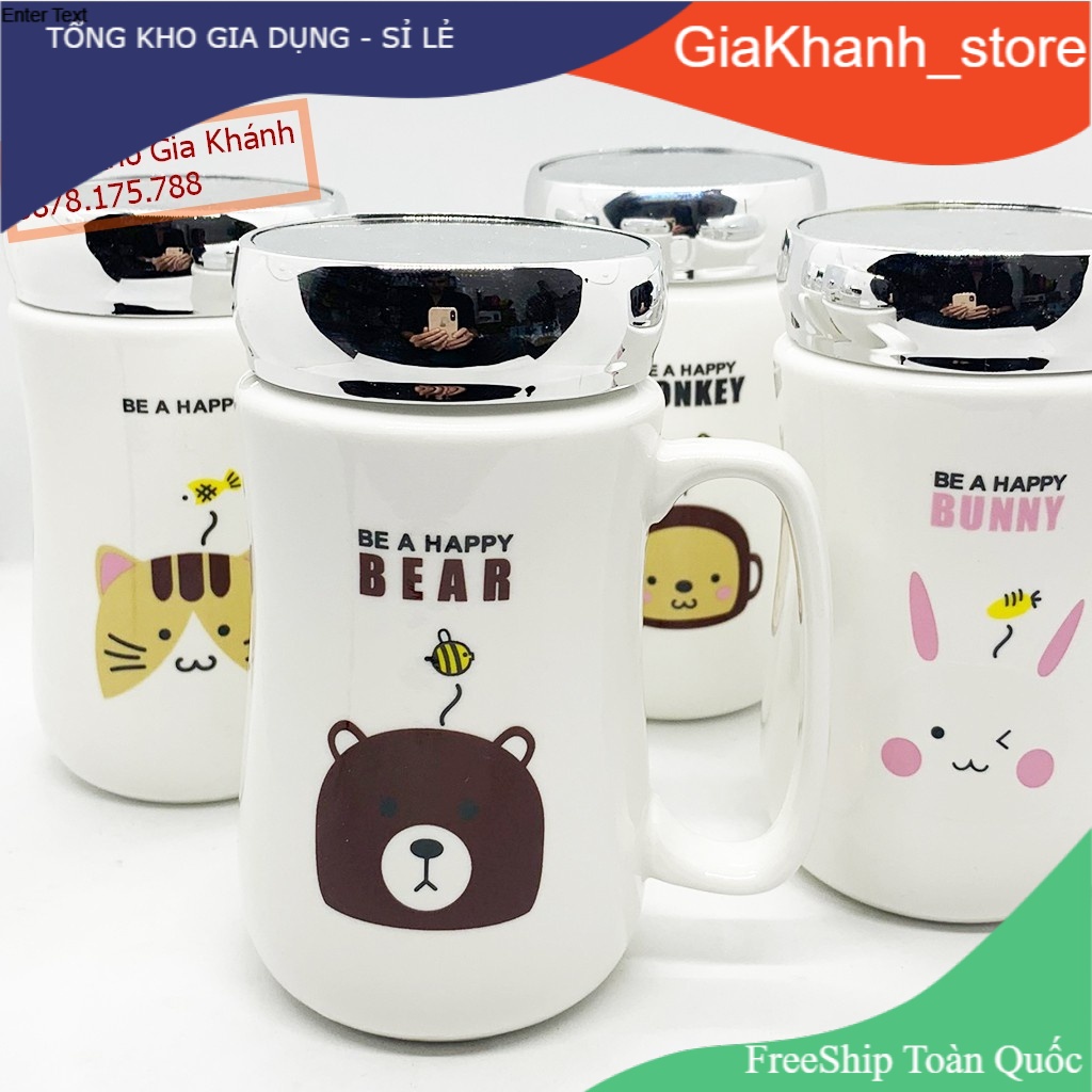 Ly sứ có nắp tráng gương, cốc sứ quai cầm có nắp in hình ngộ nghĩnh