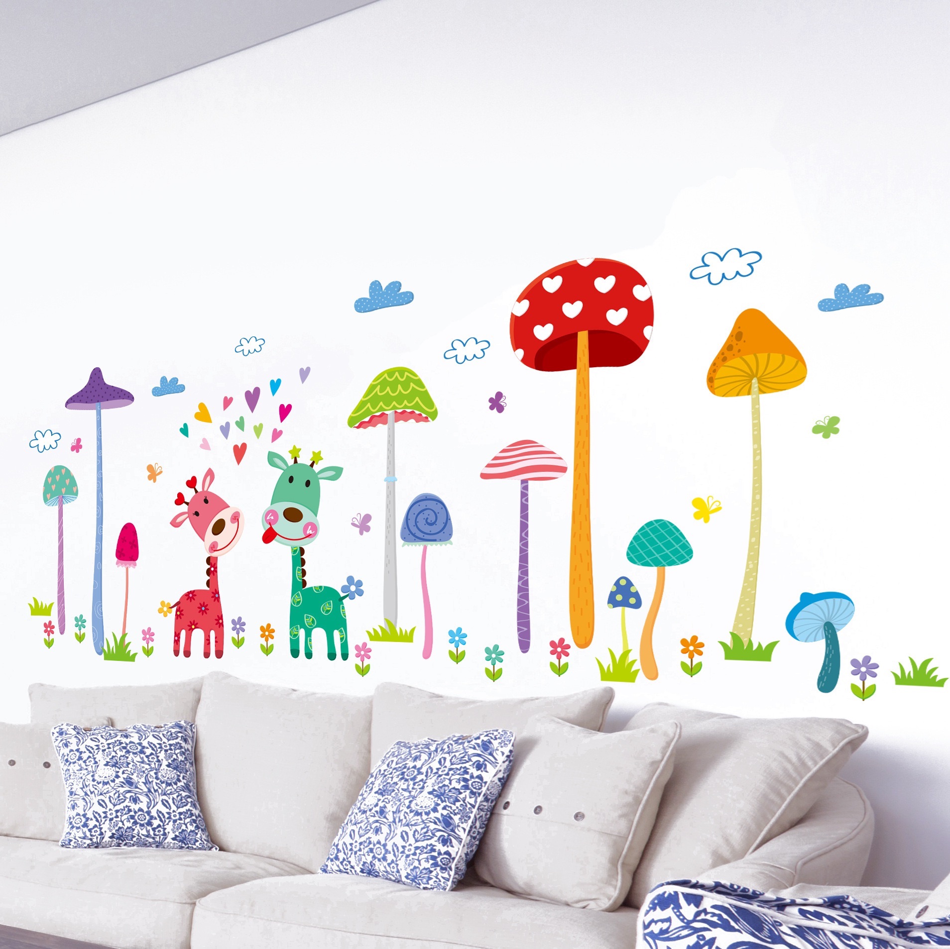 Decal tranh dán tường rừng nấm và hươu mẫu 1