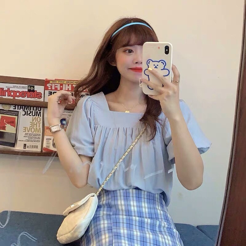 Áo babydoll cổ vuông tay bồng ngắn