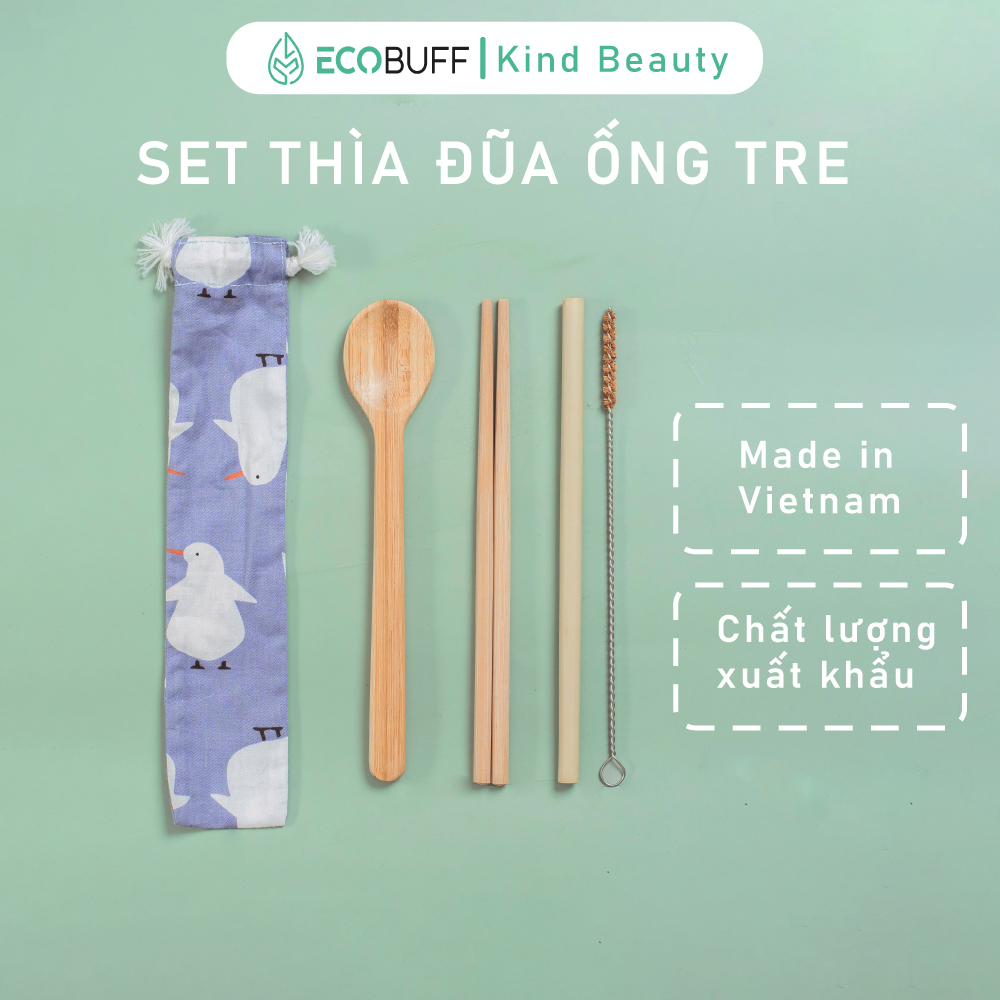 Set thìa đũa ống hút gỗ tre tái sử dụng kèm túi vải thân thiện với môi trường phân huỷ sinh học - Made in Vietnam | Ecobuff