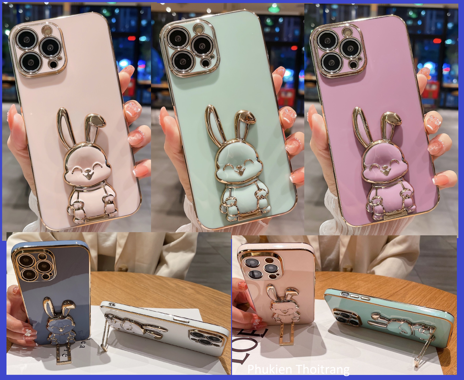 Ốp lưng iphone 6plus,7plus, 8plus, x, xs, x max,11, 11po, 12, 12pro xi viền kèm giá đỡ thỏ