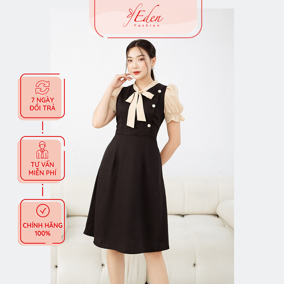 Đầm chữ a thời trang eden cổ nơ phối màu - d491