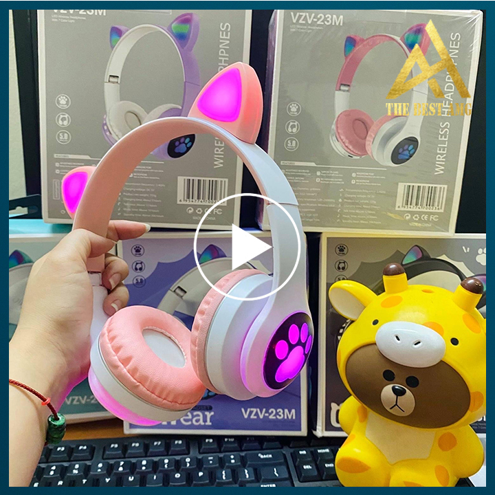 [HCM]Tai Nghe Nhạc Headpone Bluetooth Đèn LED 7 Màu Chụp Tai Không Dây Có Mic Khay Cắm Thẻ Nhớ Tai Mèo CATEAT - Tay Nghe Điện Thoại Blutooth Mini Cắm Dây