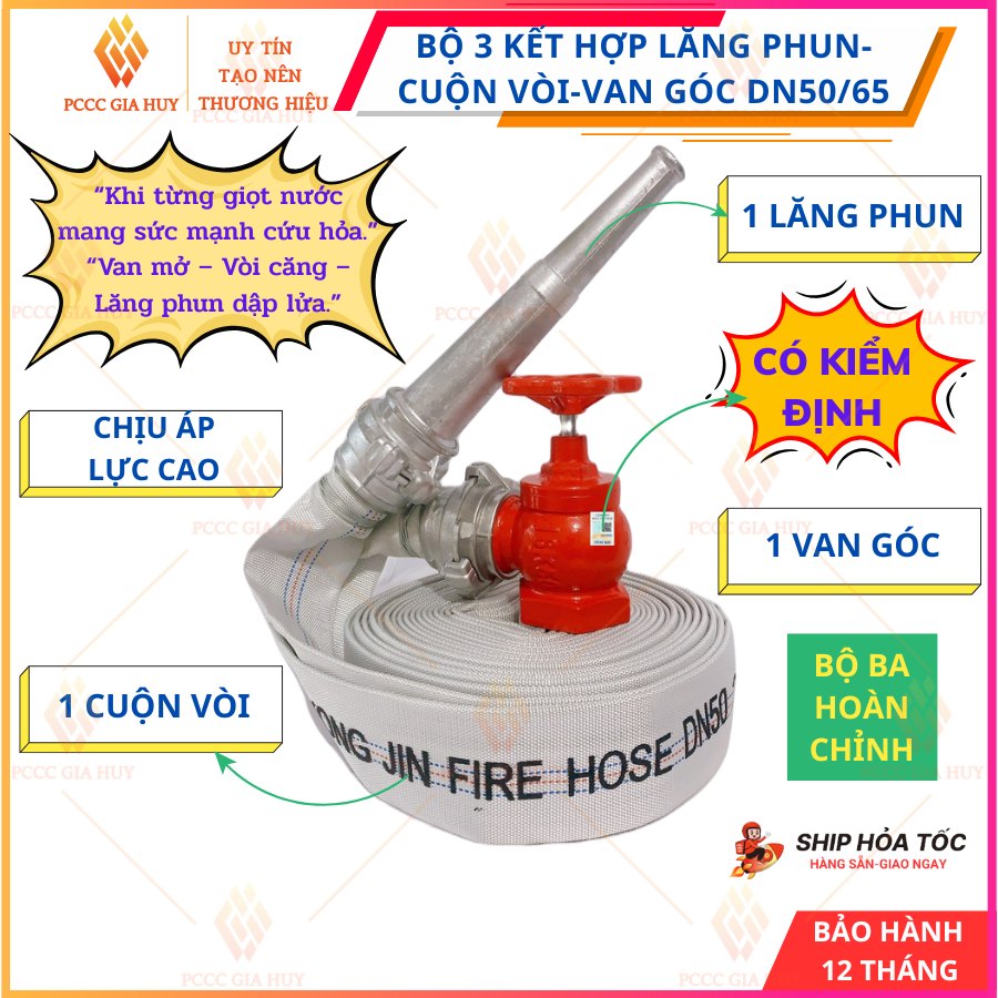 {CÓ KIỂM ĐỊNH}Combo Bộ 3 Kết Hợp Lăng Phun Cuộn Vòi Van Góc Chữa Cháy DN50/D65 Dùng Hệ Thống Chữa Cháy