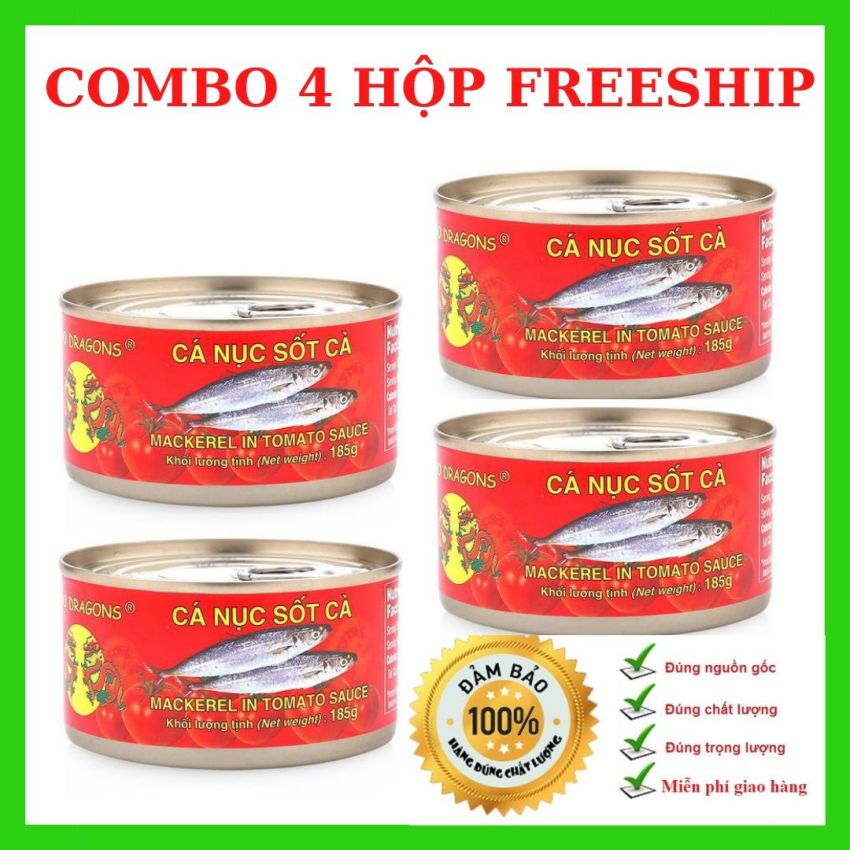 COMBO 4 HỘP MIỄN SHIP Cá hộp Cá nục sốt cà chua, cá trích 185g Two Dragon thơm ngon, đậm đà