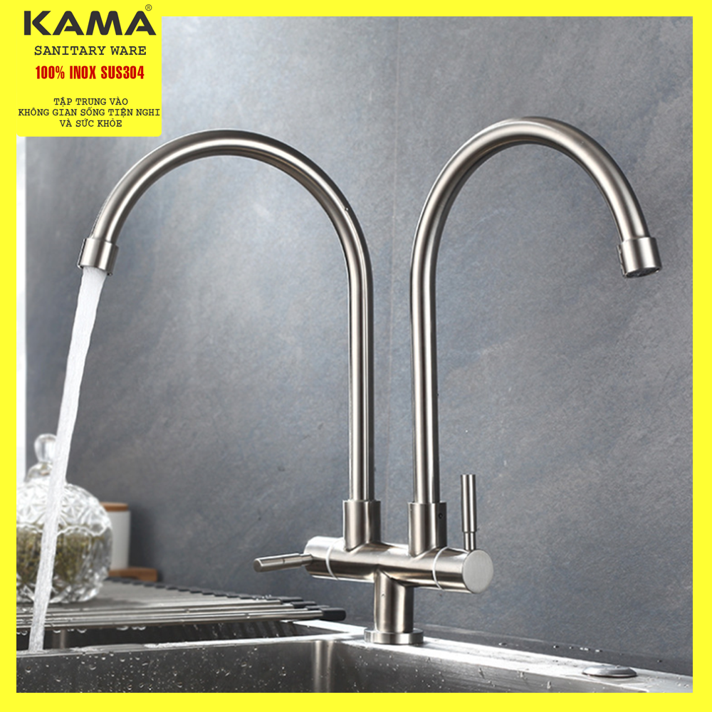 Vòi rửa chén bát lạnh đôi KAMA RC04-L inox 304, vòi nước rửa chén bát hai thân, hai đường nước phù hợp với mọi bồn rửa chén