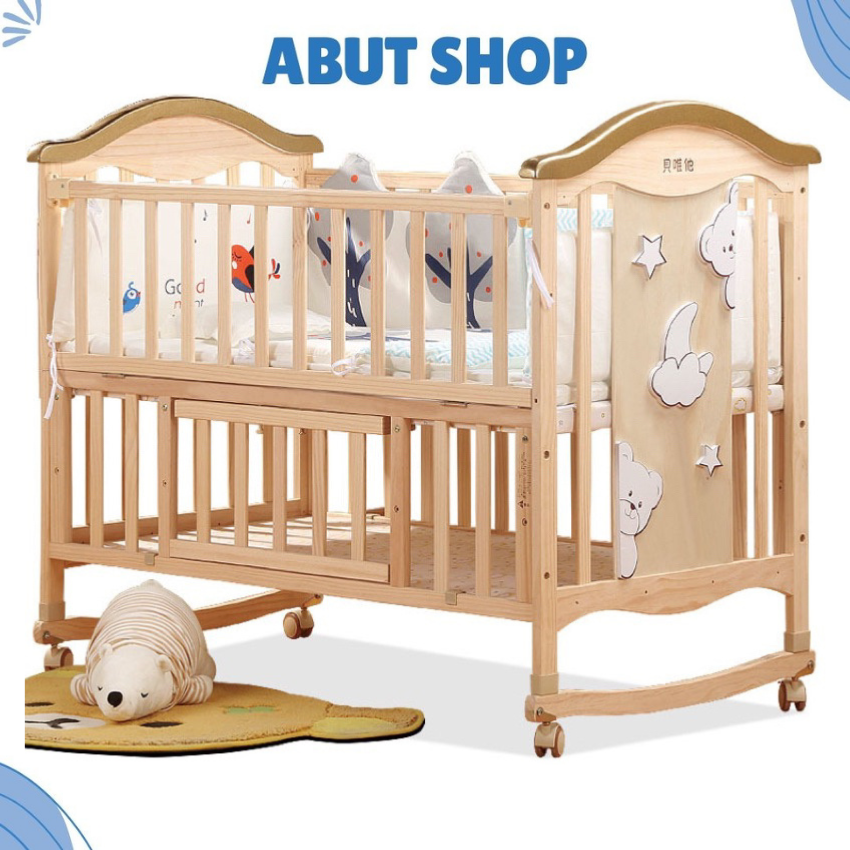 Cũi cho bé 2 tầng kích thước 120 x 70 x 100cm nôi cũi đa năng 6 chế độ, combo đầy đủ - abut shop