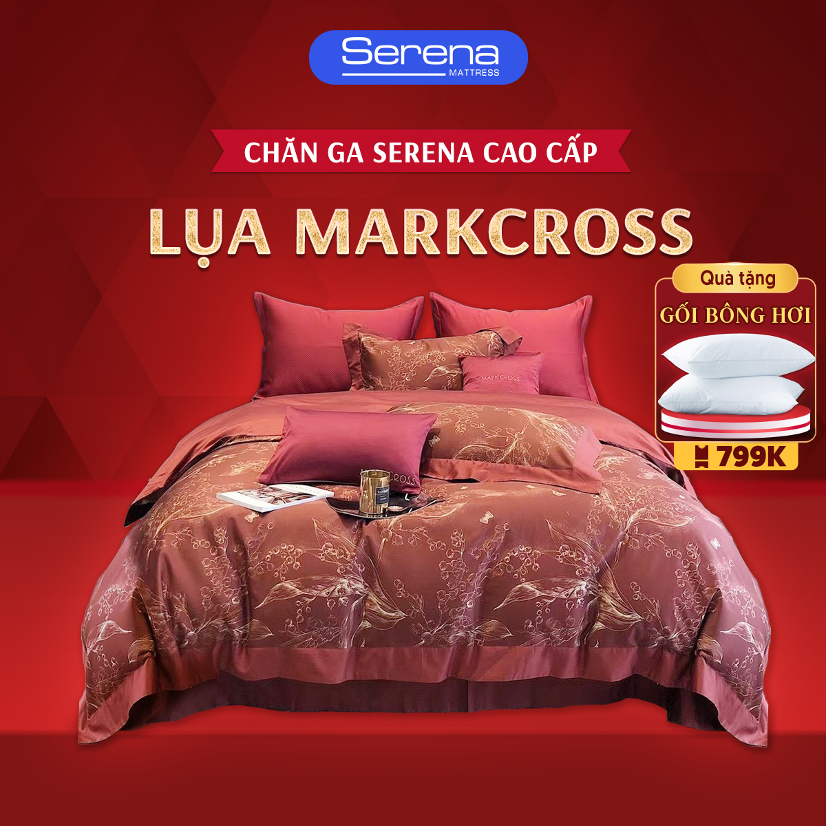 Chăn ga gối nệm 5 món lụa markcross SERENA chính hãng bộ combo chăn ga ra grap drap gối nệm đệm trải phủ bọc giường người lớn 5 món lụa markcross  mát lạnh trần bông sang trọng cao cấp full - Serena Việt Nam