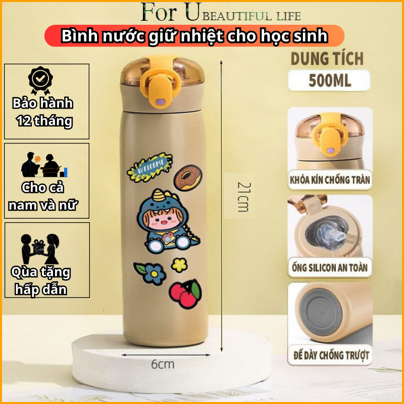 Bình giữ nhiệt cho học sinh inox 304 For U, bình giữ nhiệt cho trẻ em hình thỏ, khủng long siêu cute, bình giữ nhiệt inox cao cấp- Bảo hành 12 tháng
