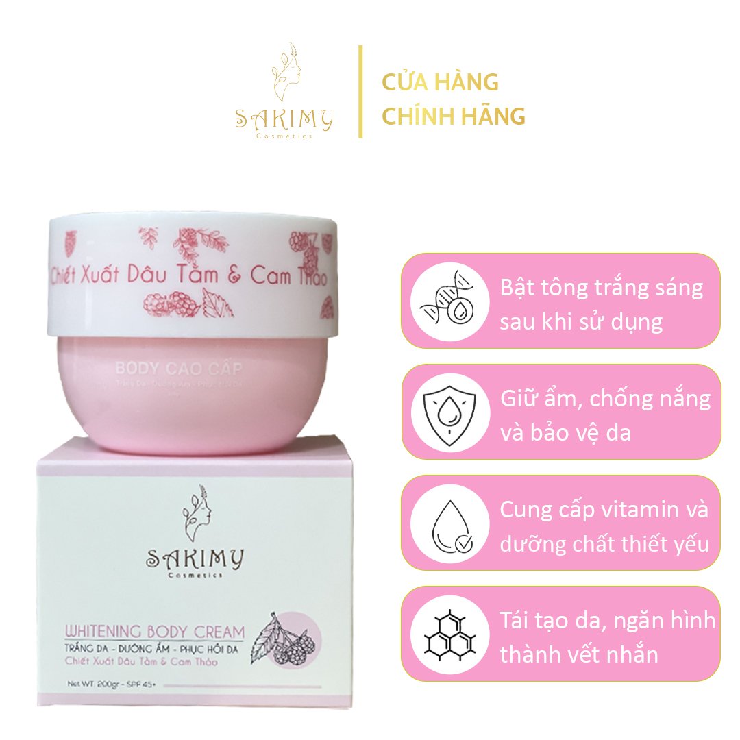 Kem body dưỡng siêu trắng da SAKIMY whitening body cream tặng 1 serum Sakimy pha kem body 100gr (Chính hãng)