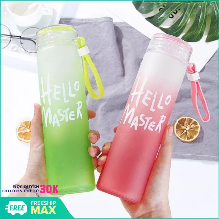 Bình Nước Thủy Tinh In Chữ Hello Master 400ML có dây xách-Bình Nước Thủy Tinh Hello Master (Màu ngẫu nhiên)