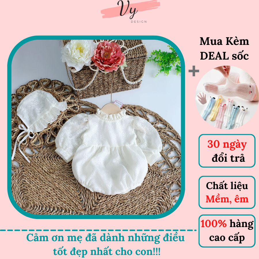 Body bé gái sơ sinh vy design. đồ cho bé gái sơ sinh 0 12 tháng kèm mũ, váy sơ sinh, đầm đầy tháng
