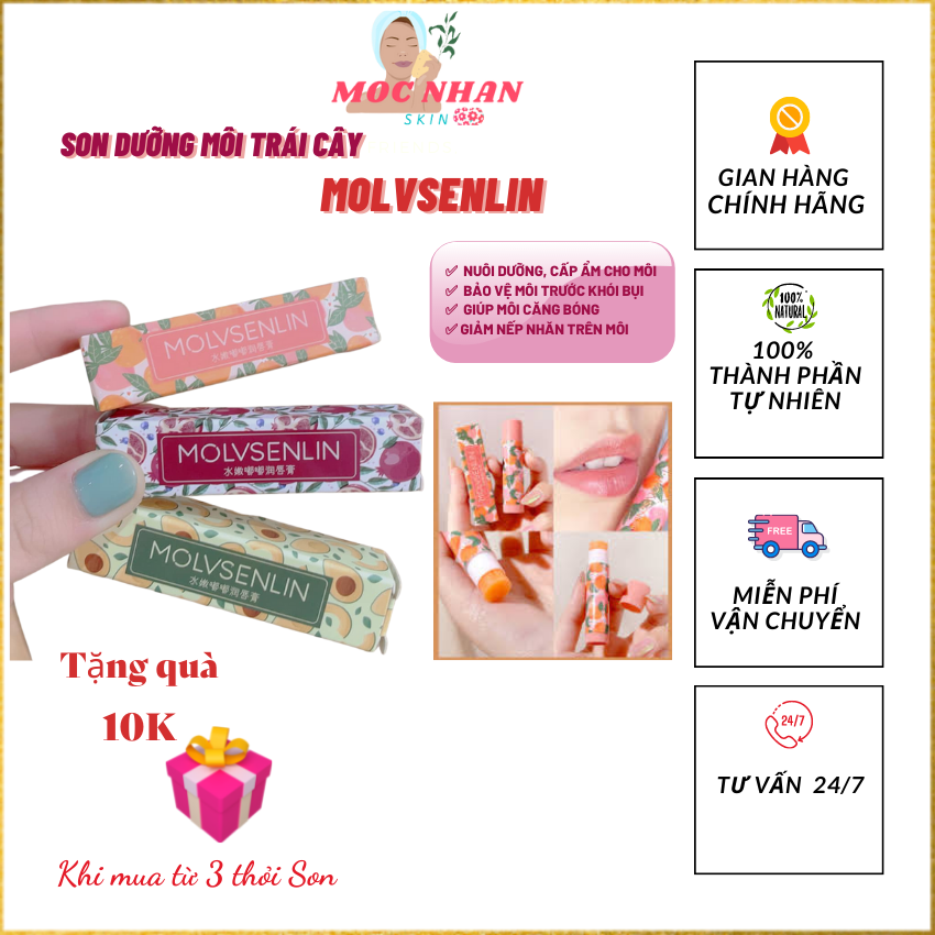 Son Dưỡng Môi trái cây Molvsenlin, Son Dưỡng Môi sắc màu trái cây tự nhiên, Son bảo vệ môi, cấp ẩm,Son Dưỡng Môi Hương Trái Cây, Son Bóng Bơ Lựu Đào Chanh Dưỡng Ẩm Lâu Trôi Son Màu Kem Lót Môi ,Moc Nhan Skin