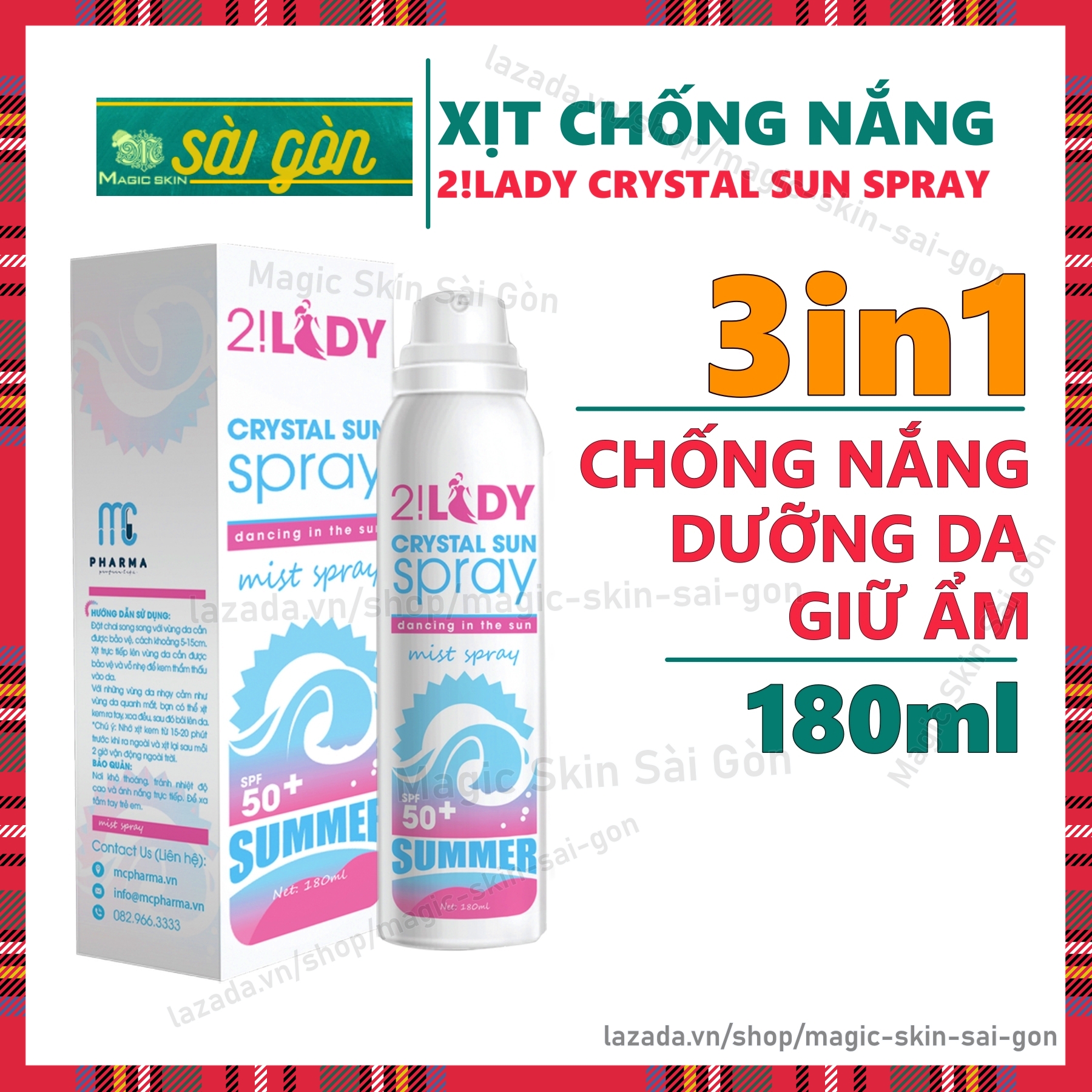 Xịt chống nắng Body DƯỠNG ẨM, NÂNG TONE 2!Lady Crystal Sun Spray Dạng Xịt phun sương 180ml