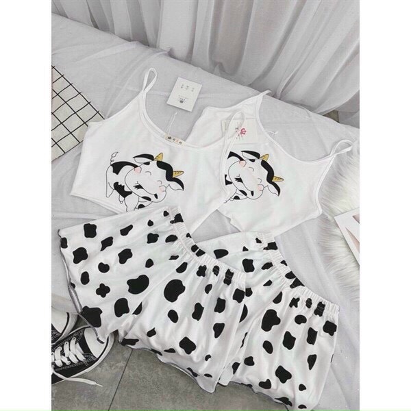 SET ĐỒ BỘ BÒ SỮA MẶC Ở NHÀ ÁO HAI DÂY NGẮN, QUẦN ĐÙI MẶC MÙA HÈ MÁT MẺ