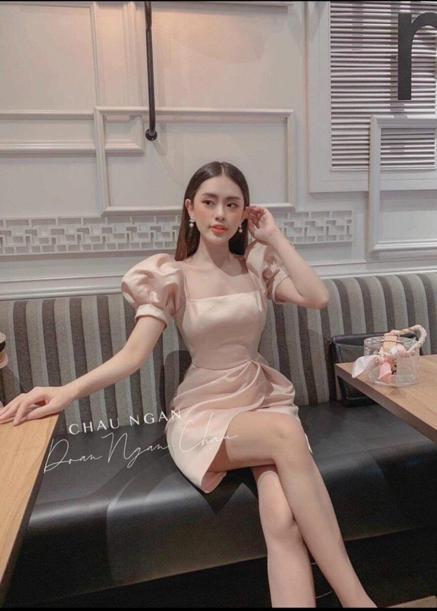 Váy đầm body tay phồng cổ vuông có mút ngực siêu xinh