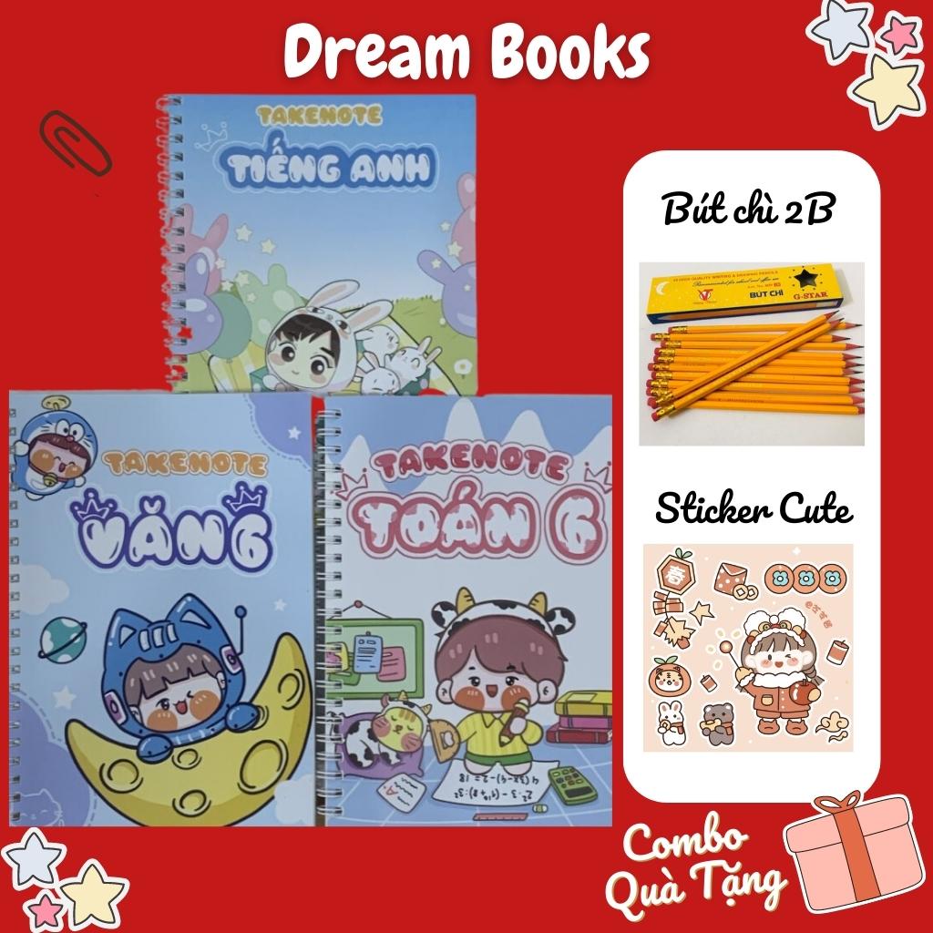 Combo 3 sổ Takenote Văn Toán Anh Lớp 6 tổng hợp kiến thức, sổ tay ghi chú lò xo xoắn trang trí sticker dễ thương