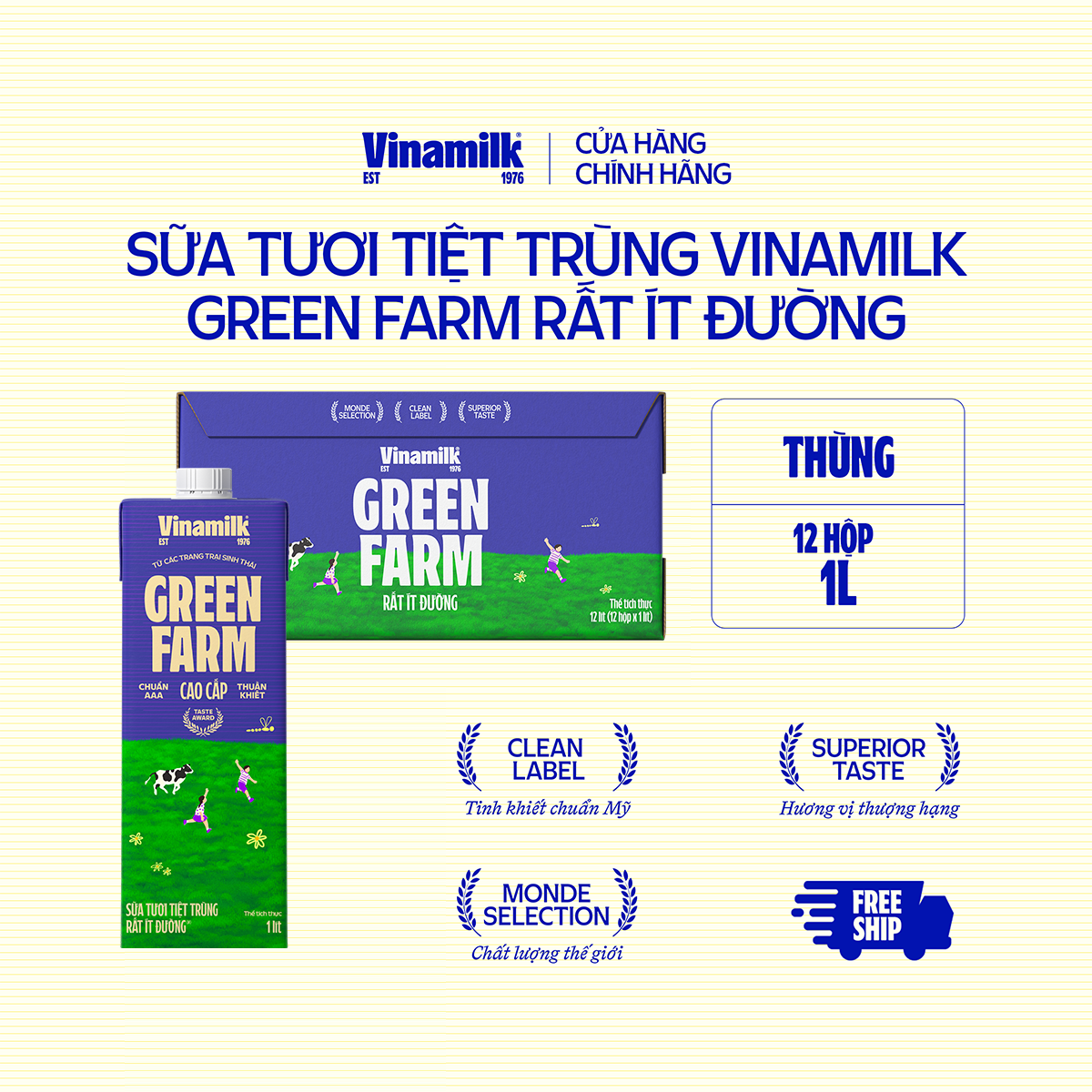 Sữa Tươi Tiệt Trùng Vinamilk Green Farm Rất Ít Đường - Thùng 12 hộp 1L