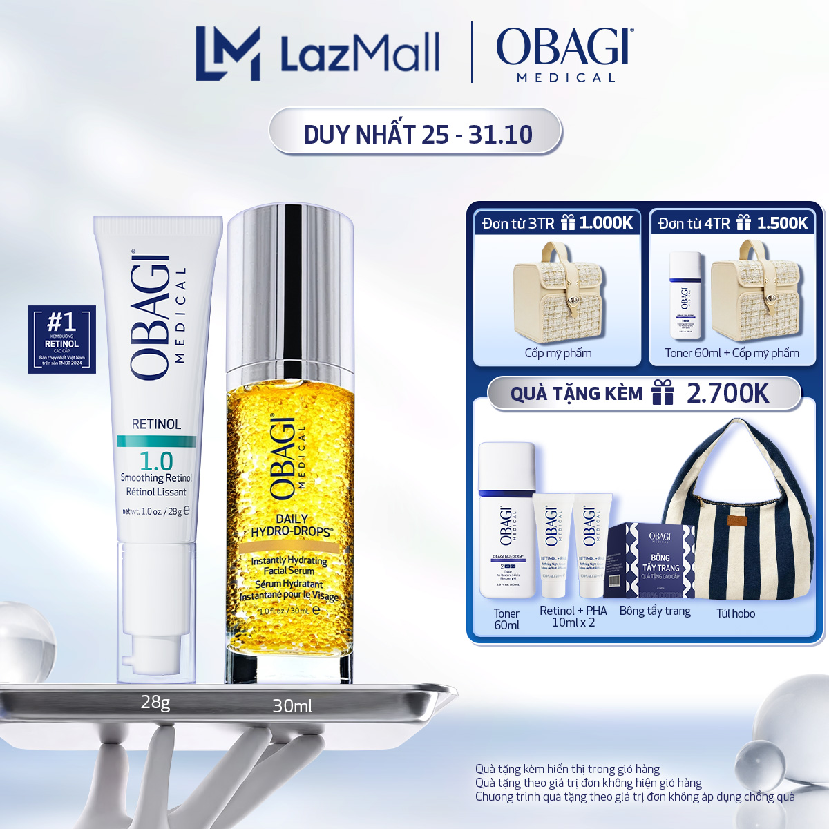 Bộ đôi Kem Dưỡng Làm Mờ Nếp Nhăn, Mờ Thâm  Làm Đều Màu Da Obagi Retinol 1.0 28g và Serum Dưỡng Ẩm  Làm Dịu Da Obagi Daily Hydro-Drops 30ml